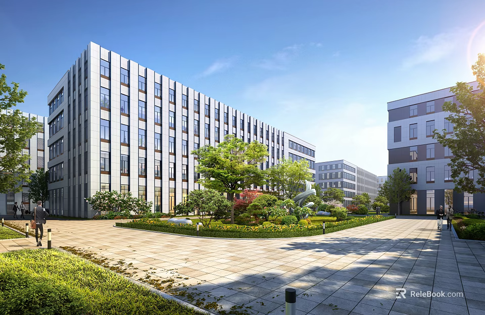 Modern Industrial Factory Complex With Lush Greenery And Plaza 3d model
