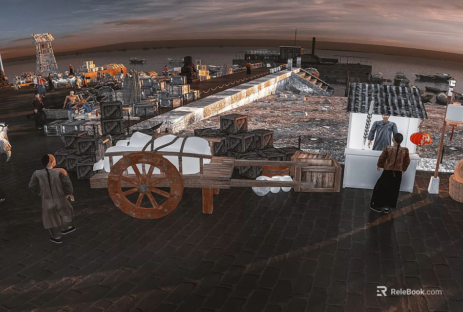 Scenic Traditional Waterfront Landscape With Cart Figures And Sunset Sky 3d model 
