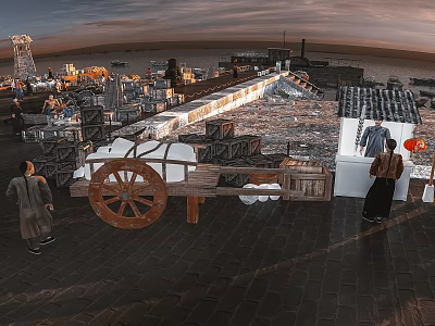 Scenic Traditional Waterfront Landscape With Cart Figures And Sunset Sky 3d model
