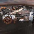 Scenic Traditional Waterfront Landscape With Cart Figures And Sunset Sky