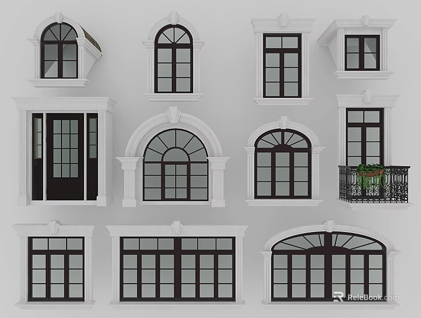 Casement Windows with Various Decorative Styles and White Dark Frames for Home Exteriors 3d model 
