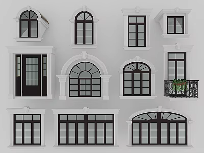 Casement Windows with Various Decorative Styles and White Dark Frames for Home Exteriors 3d model