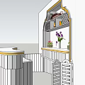 Curved White Bar Counter With Decorative Shelf Wine Bottles Spices Vase Purple Flowers Green Plants