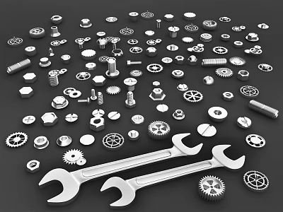 Hardware Tools Collection Featuring Wrenches Gears Bolts And Nuts On Black Background 3d model