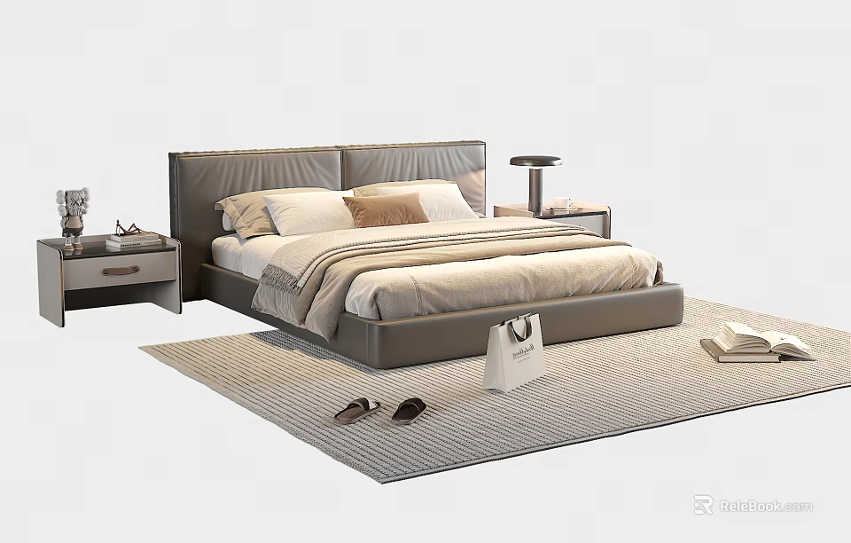 Double Bed with Leather Headboard Pillows Bedding Nightstands Table Lamp on Rug Slippers and Book 3d model 
