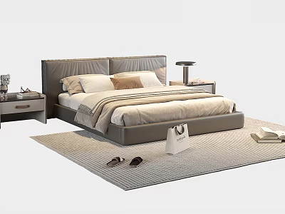 Double Bed with Leather Headboard Pillows Bedding Nightstands Table Lamp on Rug Slippers and Book 3d model