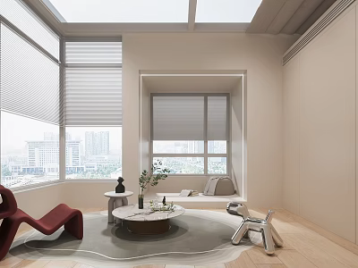 Modern Home Balcony Design With Red Chair Round Coffee Table Plants And City View 3d model