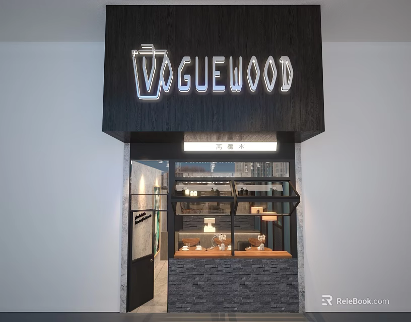 Vaglewood Milk Tea Shop Modern Storefront With Glass Door And Display Shelves 3d model 
