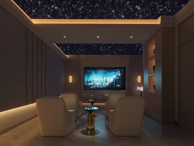 Modern Home Theater Room With Starry Ceiling Large Screen White Sofas And Wall Lamps 3d model