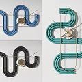 Modern Abstract Wall Clock With Curved Lines In Blue Green Black Color Designs