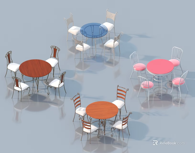 Multiple Round Table And Chair Sets With Various Colors And Designs 3d model