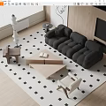 Modern Black Sofa and Wooden Coffee Table Set with Checkerboard Rug on Light Floor