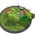 Beautiful Garden Ornament With Peacock On Stones Green Red Plants Grass And Brick Border