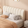 Upholstered Double Bed with Tufted Headboard Beige Comforter Pillows Nightstands Floor Lamp Round Wall Art