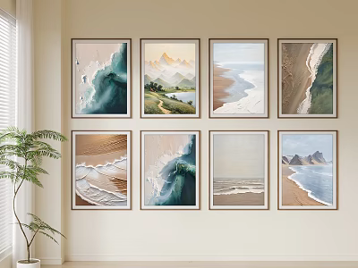 Natural Landscape Paintings Arranged On Wall With Potted Plant Interior 3d model