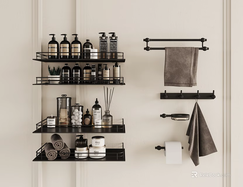 Bathroom Accessories Featuring Black Shelves Towel Racks Toilet Paper Holder And Essential Toiletries 3d model 