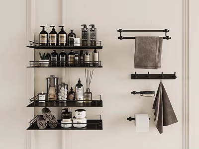 Bathroom Accessories Featuring Black Shelves Towel Racks Toilet Paper Holder And Essential Toiletries 3d model