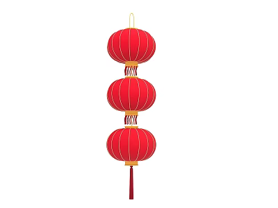 Traditional Three Red Lanterns Vertically Arranged With Golden Decorations And Tassels 3d model