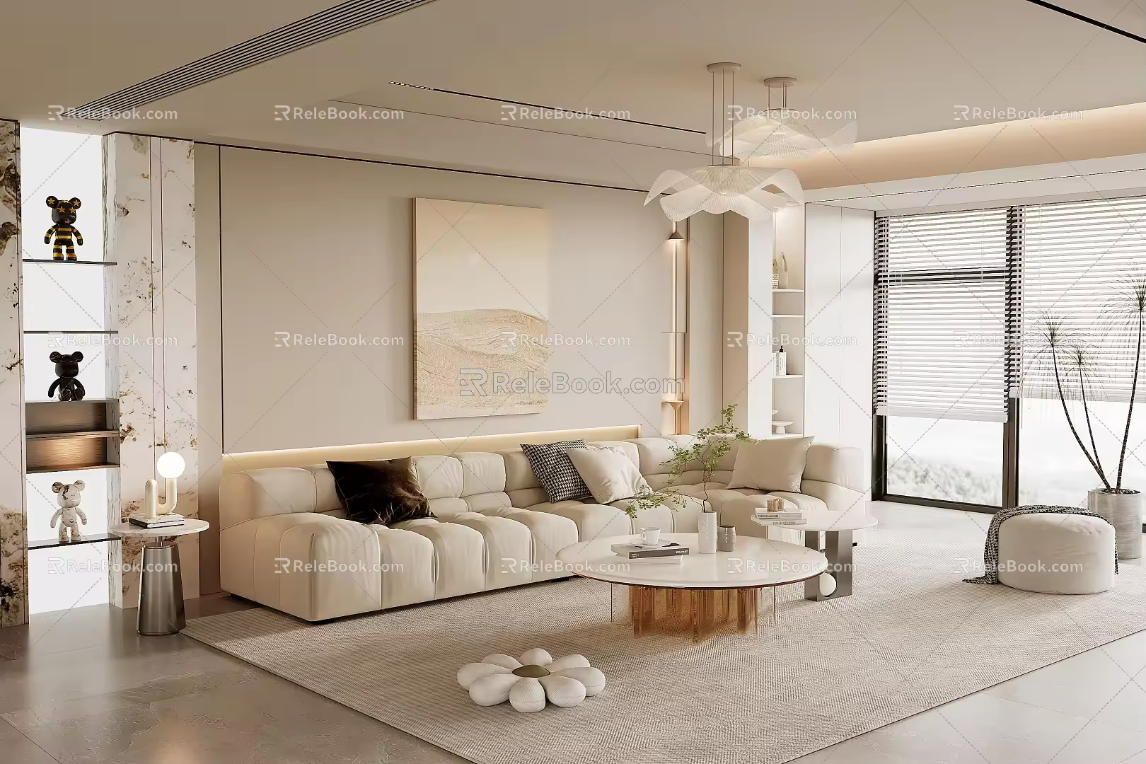 Modern Cream Style Sofa Coffee Table Combination Fabric Sofa Mother and Mother Coffee Table Pillow Decorative Painting Single Person Sofa 3d model