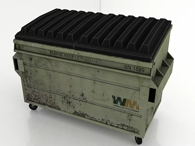 Industrial Waste Dumpster With Black Lid Wheels WM Logo SN 1889 3d model
