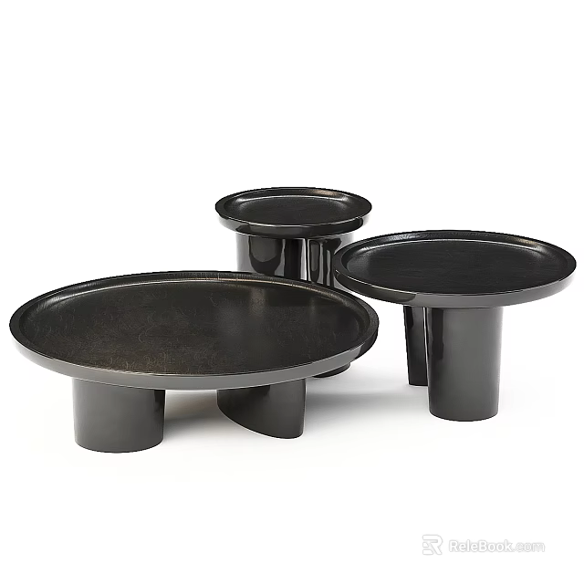 Modern Black Round Coffee Tables Three Piece Set with Sleek Cylindrical Legs 3d model