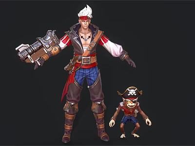 White Haired Pirate Style Character With Mechanical Arm And Small Monkey In Pirate Hat 3d model