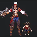 White Haired Pirate Style Character With Mechanical Arm And Small Monkey In Pirate Hat