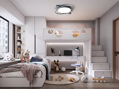 Modern Kids Room Interior Design With Bunk Bed Desk Toys Stairs And Ceiling Lamp 3d model