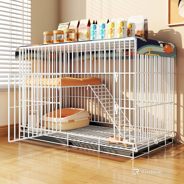 White Two Tiered Pet Cage With Staircase Litter Box And Top Storage For Pet Supplies 3d model 