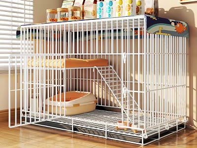 White Two Tiered Pet Cage With Staircase Litter Box And Top Storage For Pet Supplies 3d model