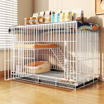 White Two Tiered Pet Cage With Staircase Litter Box And Top Storage For Pet Supplies 3d model