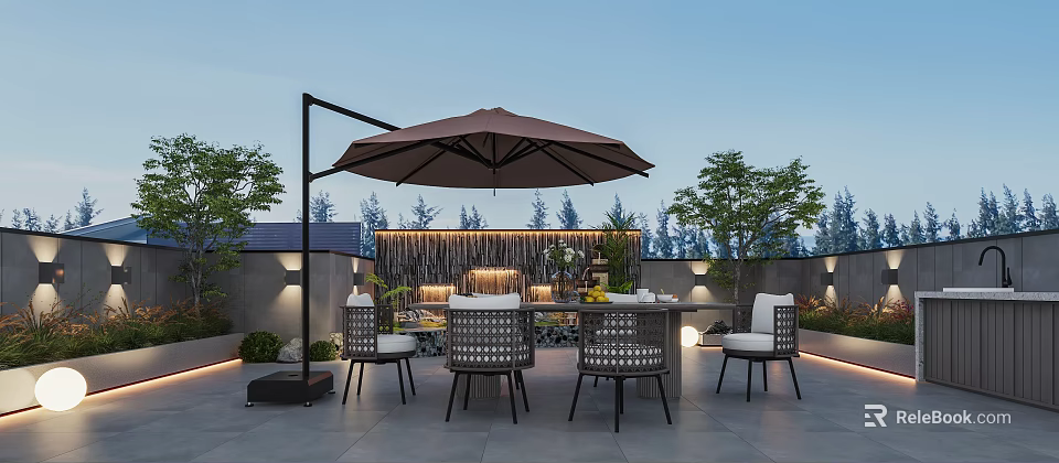 Elegant Villa Balcony With Brown Parasol Wicker Furniture Waterfall Wall Green Plants And Lighting 3d model 