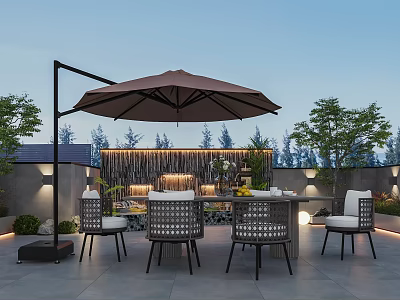 Elegant Villa Balcony With Brown Parasol Wicker Furniture Waterfall Wall Green Plants And Lighting 3d model