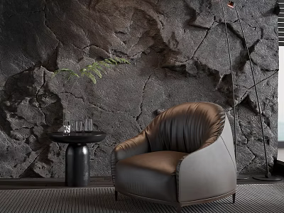 Leather Single Seater Sofa With Stone Texture Wall Black Table Green Plant And Floor Lamp 3d model