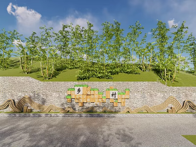 Rural Scenic Wall with Wooden Blocks Countryside Characters Wavy Decorations Green Vegetation and Blue Sky 3d model