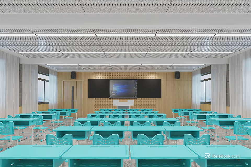 School Classroom Interior With Blue Desks Chairs Large Screen And Wooden Walls 3d model 