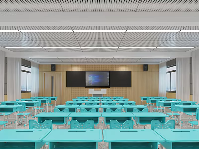School Classroom Interior With Blue Desks Chairs Large Screen And Wooden Walls 3d model