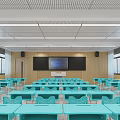 School Classroom Interior With Blue Desks Chairs Large Screen And Wooden Walls