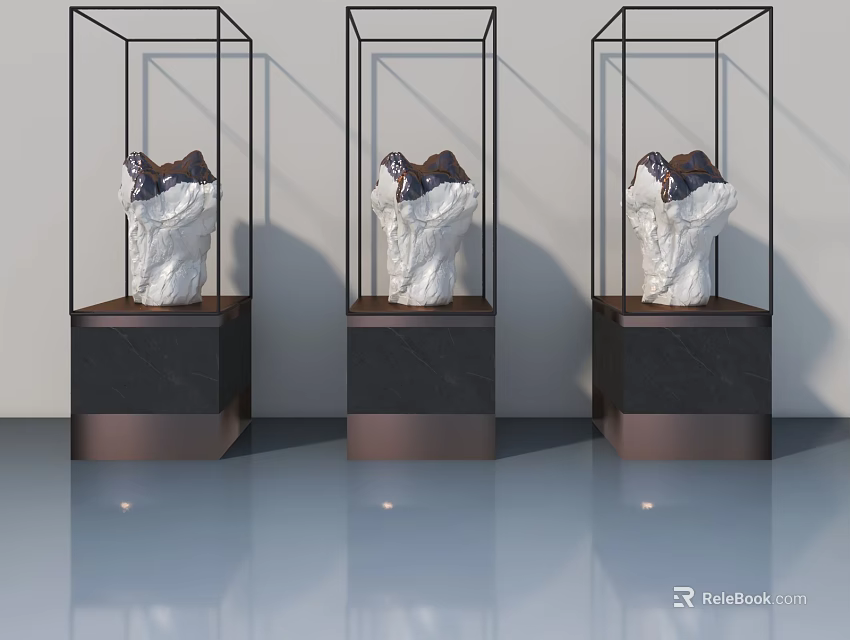Glass Display Cabinets With Hinged Doors Showcasing Art Sculptures In Exhibition Hall 3d model 