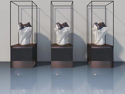 Glass Display Cabinets With Hinged Doors Showcasing Art Sculptures In Exhibition Hall 3d model