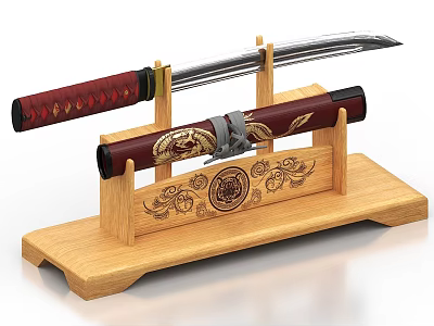 Traditional Samurai Sword with Red Gold Scabbard on Wooden Stand Featuring Carved Floral Patterns 3d model