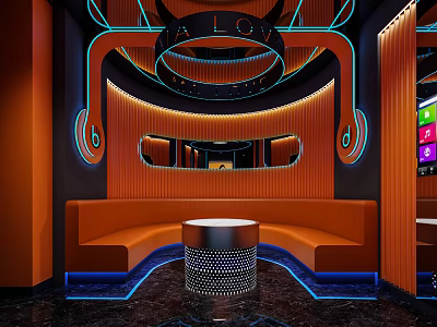 Modern KTV Interior With Orange Sofa Blue Neon Lights Round Coffee Table And Mirror Decorations 3d model