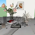 Decorative Ornament Collection With Pink Peonies Glass Vase Face Sculpture Feather Decor And Art Painting