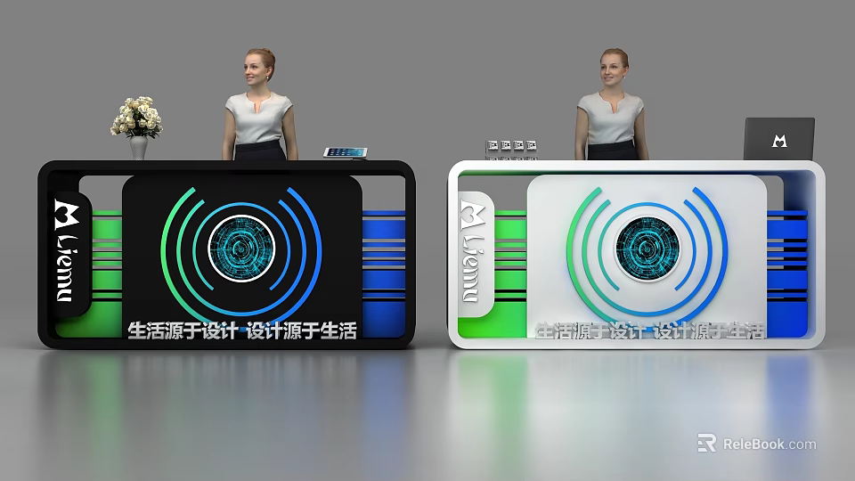 Modern Stylish Reception Desk With Black White Illuminated Rings And Design Elements 3d model 