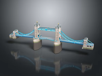 Detailed Tower Bridge Model With Twin Tower Piers And Blue Suspension Cables 3d model