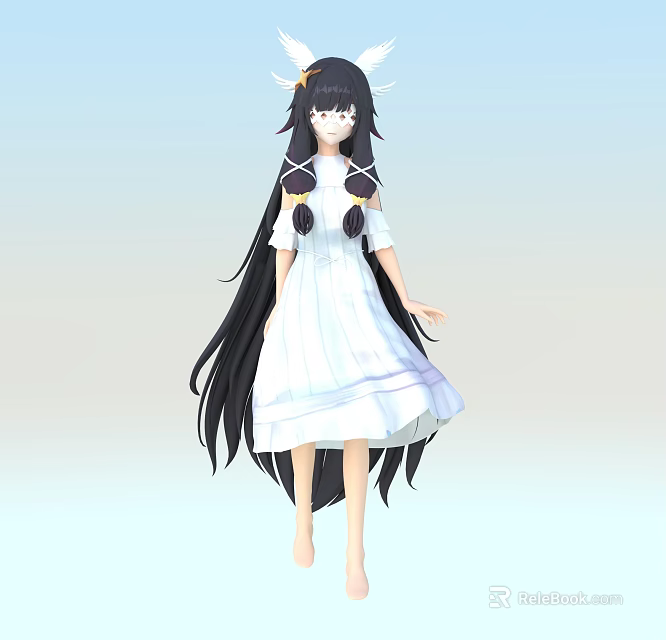 Woman in White Dress with Long Black Hair Horn Accessories and Twin Ponytails 3d model 