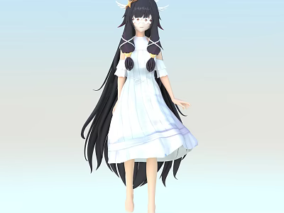 Woman in White Dress with Long Black Hair Horn Accessories and Twin Ponytails 3d model