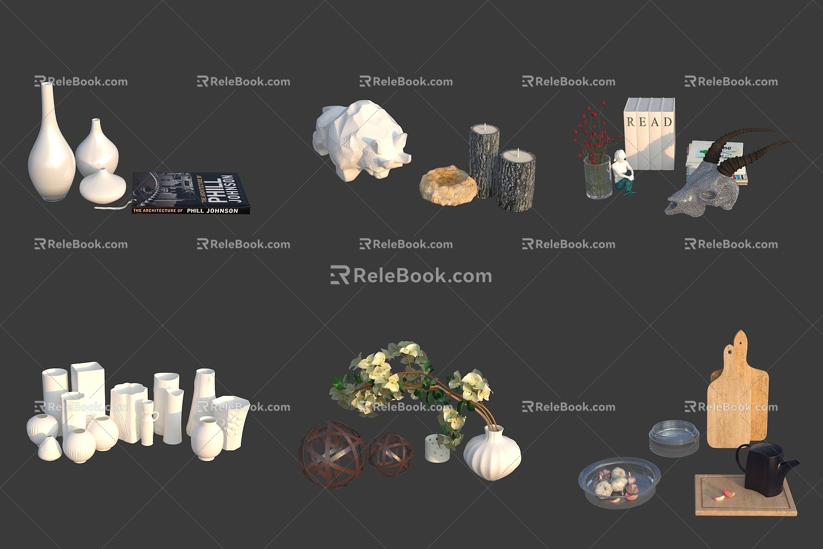 Office Desktop Ornaments Flower Vase Aromatherapy Books Kettle Chopping Board 3d model