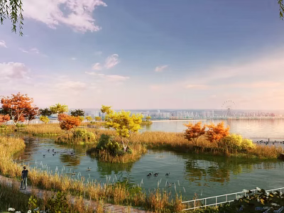 Scenic Lakeside Landscape With Colorful Trees Reeds Ducks And Distant City Ferris Wheel 3d model