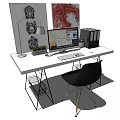 Modern White Desk Setup with Computer Monitor Lamp Folders Black Chair and Wall Art
